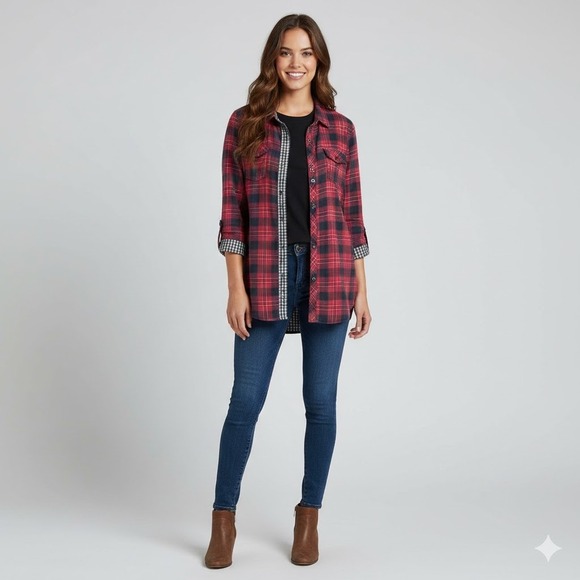 Miss Me Womens Plaid Flannel Shirt Red Navy Long Sleeve Button Up Size S - Picture 2 of 13